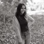 Black and white photo of Shenandoah University Spanish/Environmental Science major Denisse Suasnavas. 